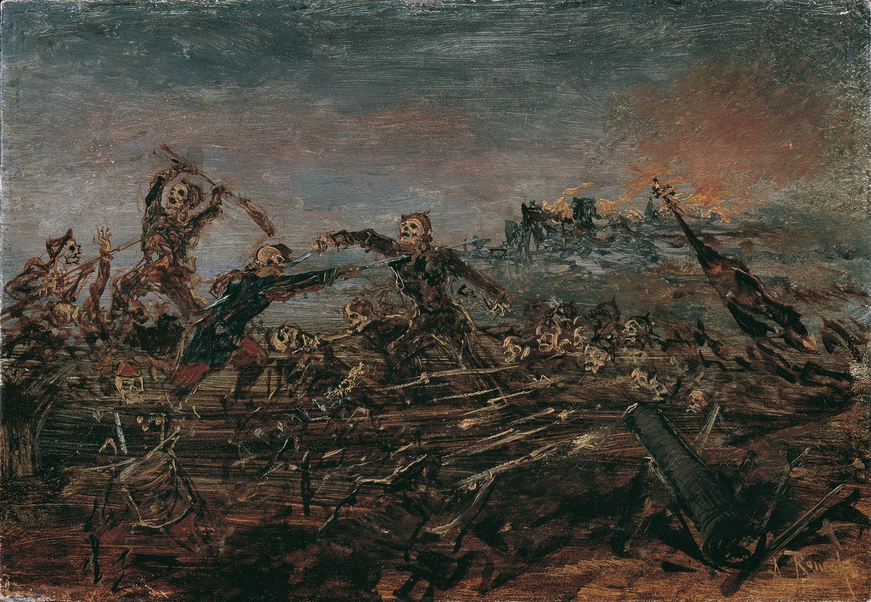 Kuolemantanssi taistelukentällä palavien raunioiden edessä, 1882-1885. tekijältä Anton Romako