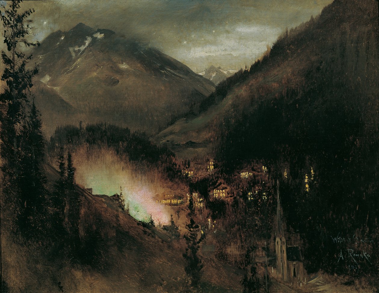 Wildbad Gastein illalla (bengali-valaistuksella) tekijältä Anton Romako