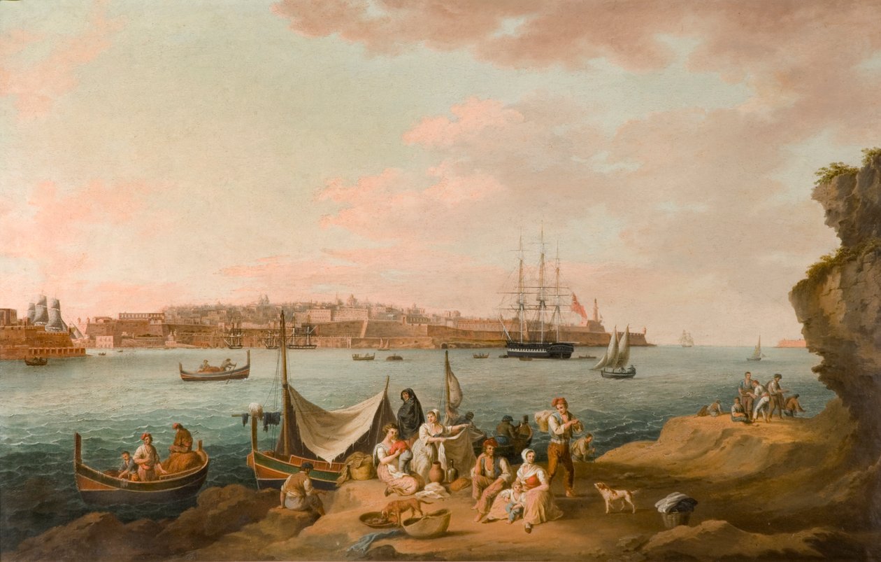 Harbour Scene, Malta (öljy kortille) tekijältä Anton Schranz