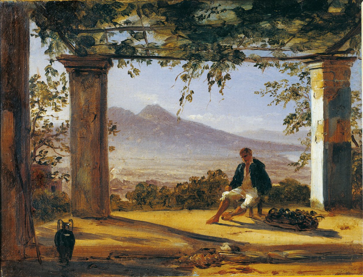 Italia, lehtimajan alla Vesuvius taustalla (öljy kankaalle) tekijältä Anton Sminck Pitloo