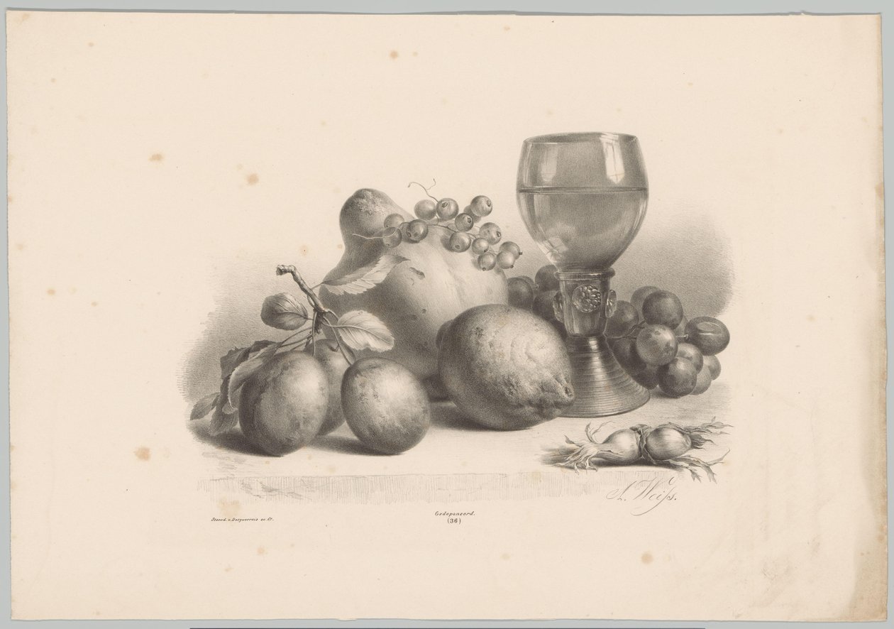 Asetelma lasilla, luumuilla, sitruunalla, viinirypäleillä ja hasselpähkinöillä Flower and Fruit Studies (...) 10. jakso (sarjan nimi) tekijältä Anton Weiss