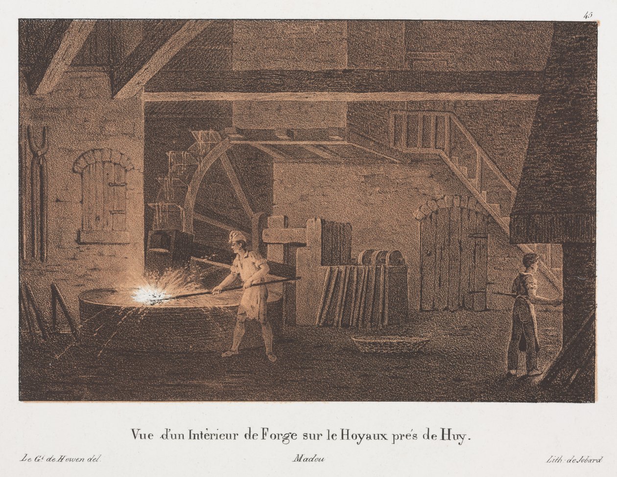 Belgian Huyn lähellä sijaitsevan pajan sisäpuoli, kaiverrus Jean-Baptiste Jobard (1792-1861) (sävytetty litho) tekijältä Anton de after Howen