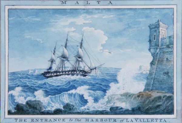 Malta: Vallettan sataman sisäänkäynti (akvarelli) tekijältä Anton the Younger (circle) Schranz