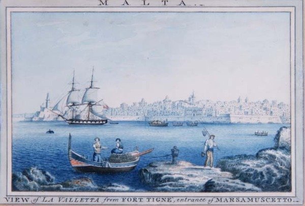 Malta: Näkymä La Vallettaan Fort Tignesta, Marsamusceton sisäänkäynti (akvarelli) tekijältä Anton the Younger (circle) Schranz
