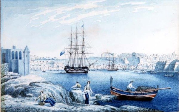 Malta: Näkymä La Vallettaan Corradinon pisteestä (akvarelli) tekijältä Anton the Younger (circle) Schranz