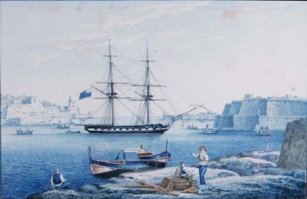 Malta: Näkymä La Vallettan sataman sisäänkäynnille Isola Pointista (akvarelli) tekijältä Anton the Younger (circle) Schranz