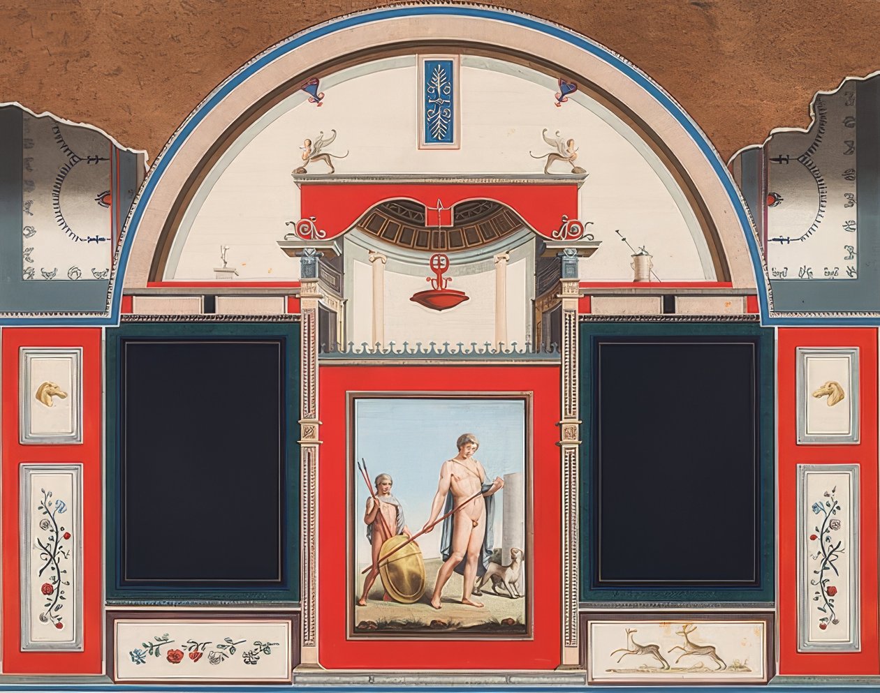 Seinämaalaus roomalaisesta talosta Villa Negronin alueella Roomassa, Adonis nuoren miehen kanssa. 1779 tekijältä Anton von Maron