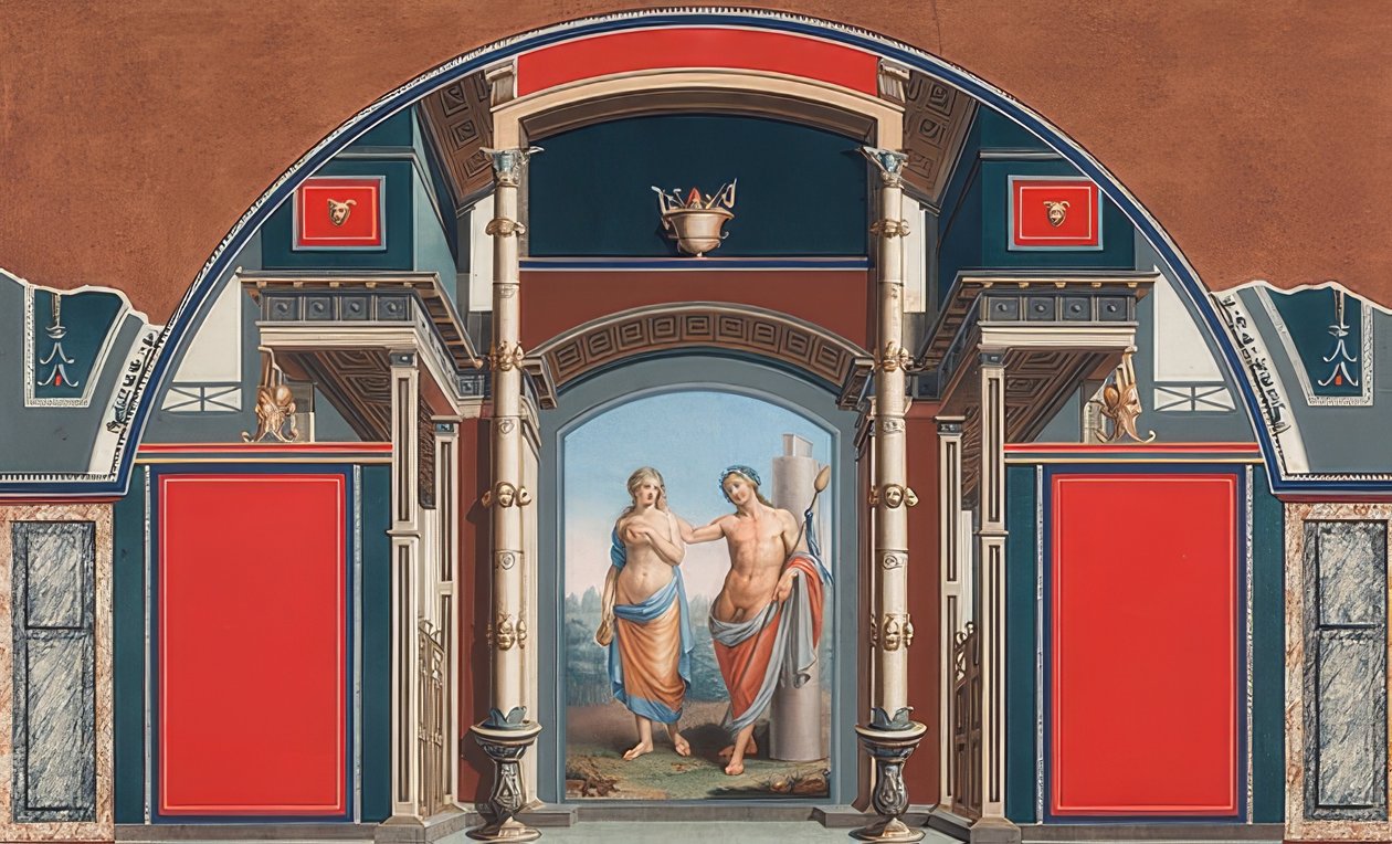 Roomalaisen Villa Negronin alueella Roomassa sijaitsevan roomalaisen talon seinämaalaus, Bacchus ja Ariadne. 1783 tekijältä Anton von Maron