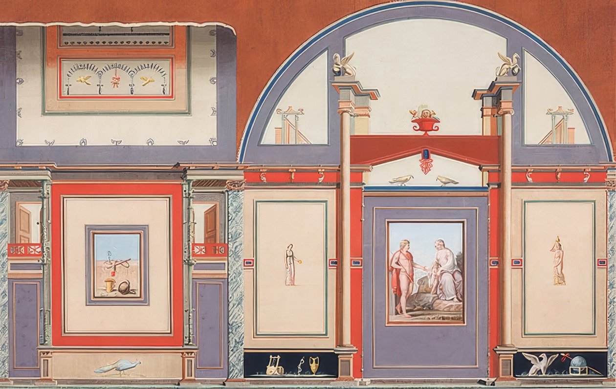 Seinämaalaus roomalaisesta talosta Villa Negronin tontilla Roomassa, Marsissa (?), Venuksessa ja Cupidossa. 1793 tekijältä Anton von Maron