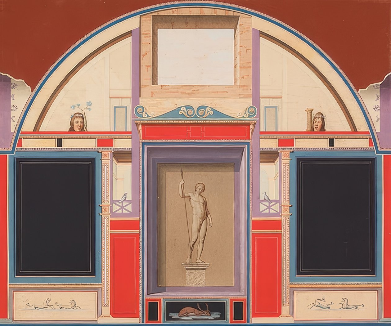 Roomalaisen talon seinämaalaus Villa Negronin alueella Roomassa, Adonisin patsas. Noin 1801 (?) tekijältä Anton von Maron