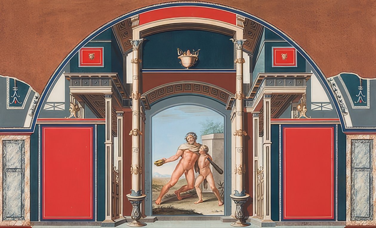 Seinämaalaus roomalaisesta talosta Villa Negronin alueella Roomassa, humalassa Herkules. 1781 tekijältä Anton von Maron