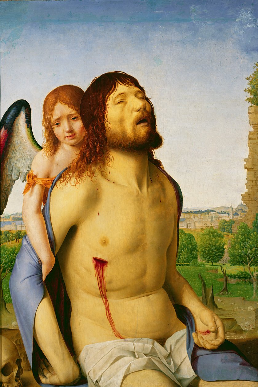 Kuollut Kristus enkelin tukemana, n. 147578 tekijältä Antonello da Messina