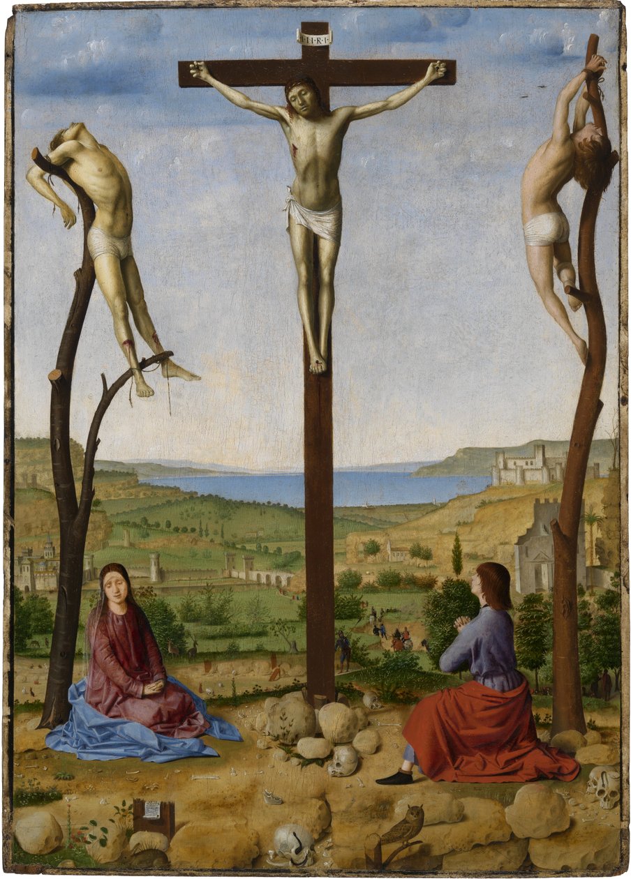 Ristiinnaulitseminen Pyhän Marian ja Pyhän Johanneksen evankelistan kanssa tekijältä Antonello da Messina
