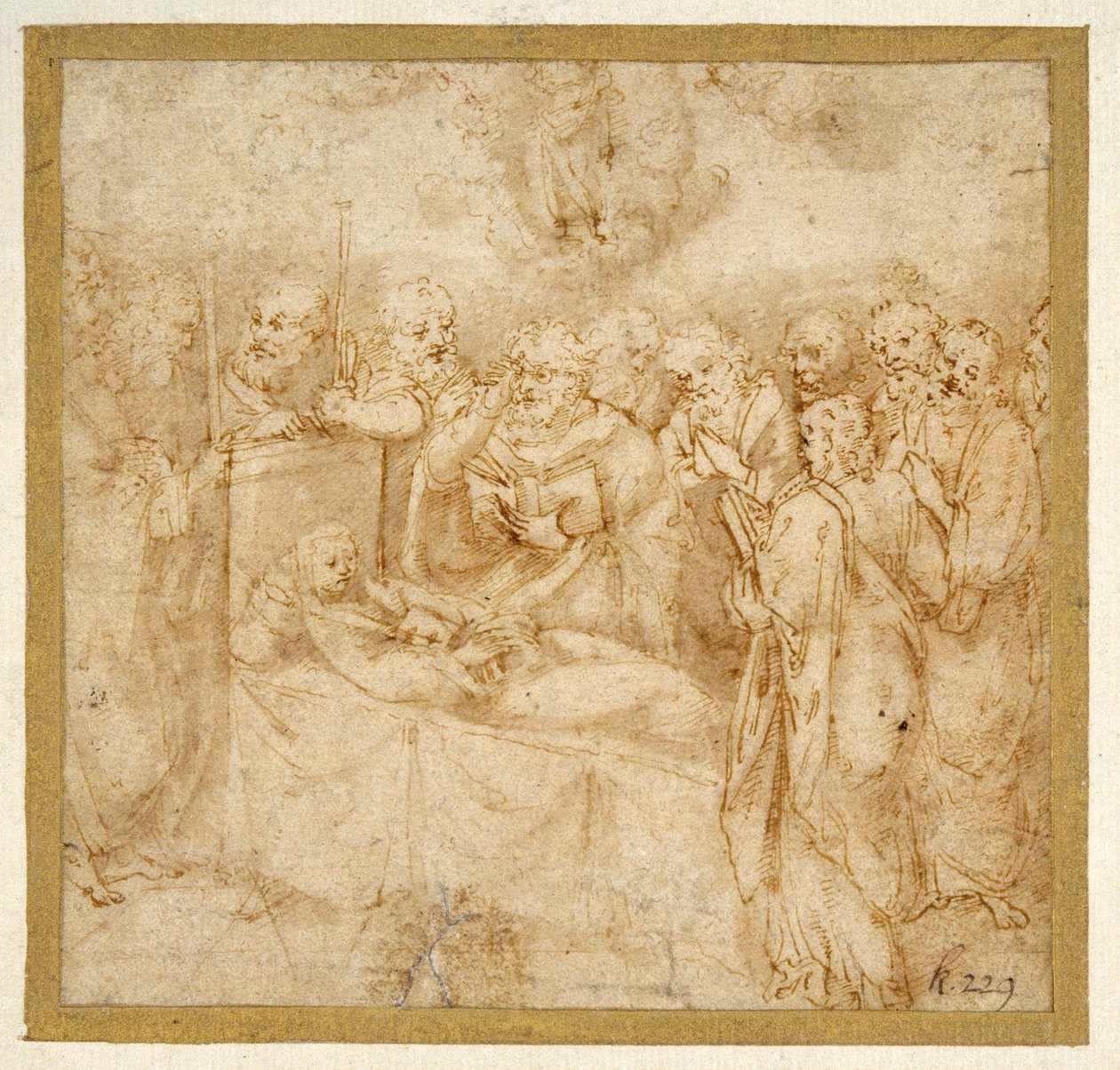 The Dormition of the Virgin (kynä ja ruskea muste ruskealla pesulla valkoisella paperilla) tekijältä Antonello Gaggini
