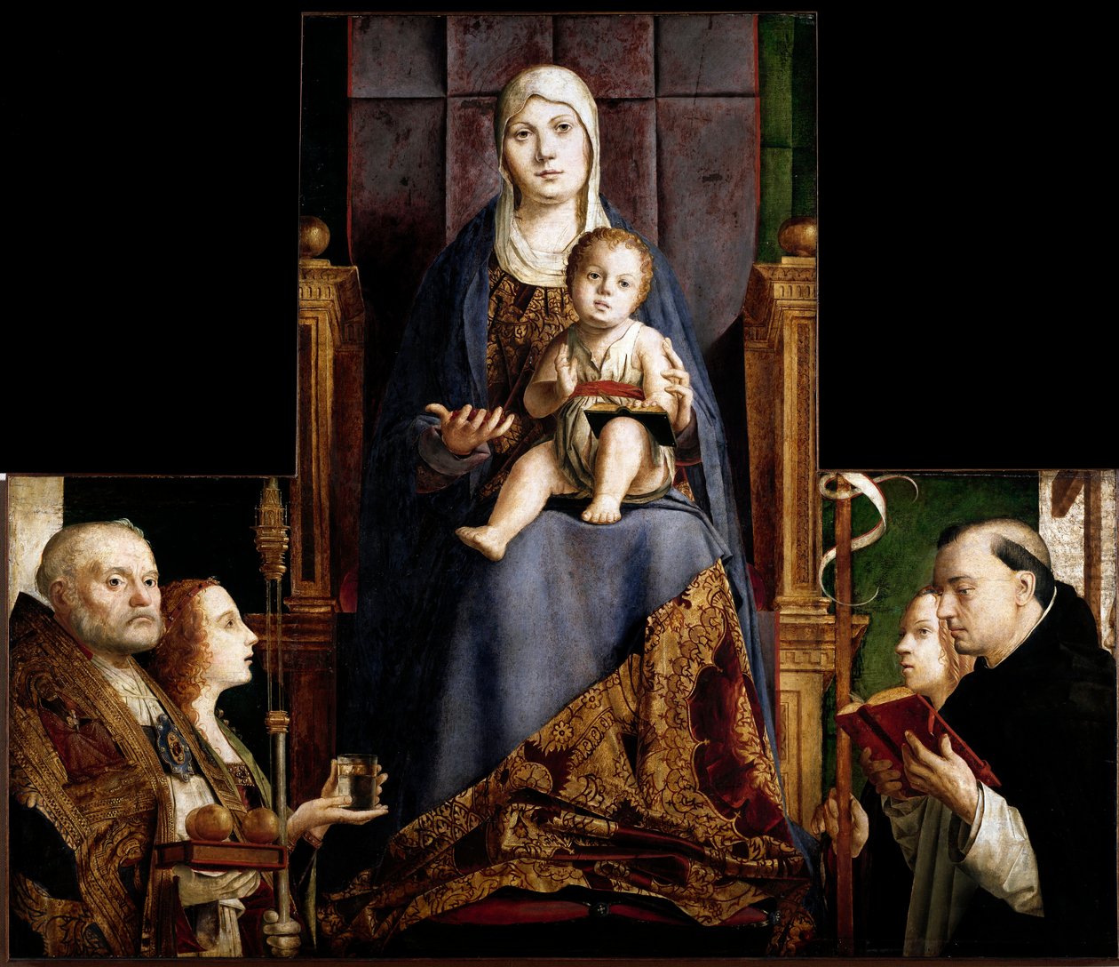 San Cassianon alttaritaulu: "" Neitsyt ja lapsi pyhien Nikolai Myralainen tai Barilainen (270-345), Maria Magdalena, Pyhä Ursula ja Pyhä Dominica ympäröimänä"" Antonello da Messinan (n. 1430-1479) puumaalaus 1475- 1476 Wienin taidehistoriallinen museo tekijältä Antonello da Messina