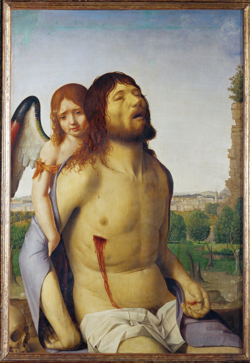 Kuollut Kristus enkelin tukemana (maalaus puulle) tekijältä Antonello da Messina
