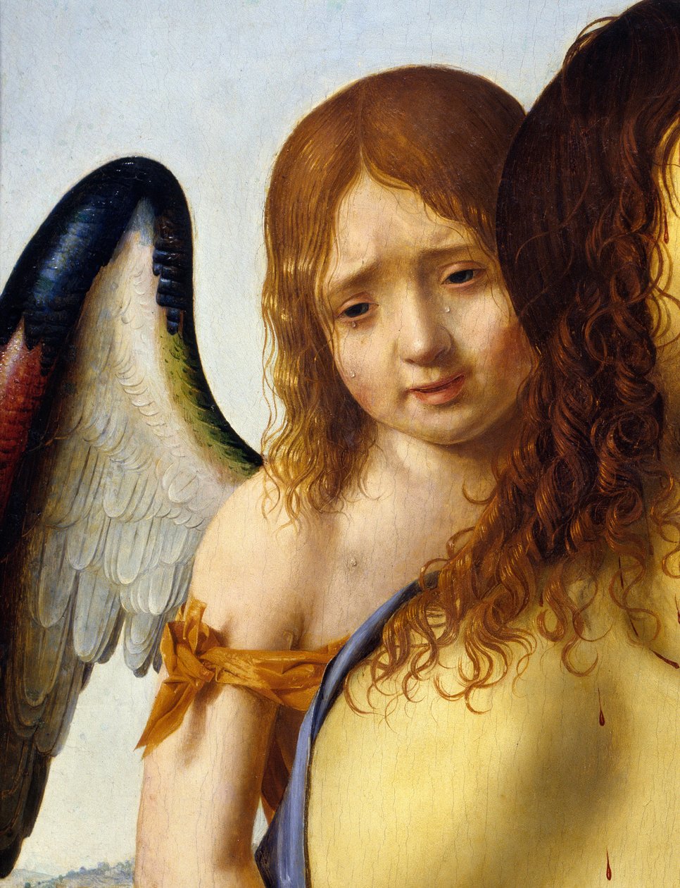 Yksityiskohta "" Enkelin tukema kuollut Kristus"" Antonello da Messinan (1430-1479) maalaus 1476-1479 su. 0,74x0,51 m Madrid, Pradon museo. tekijältä Antonello da Messina
