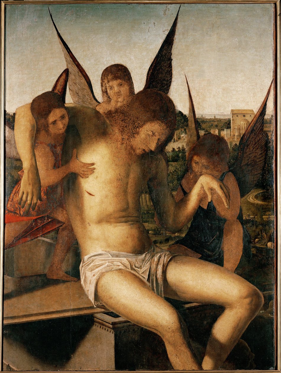 Pieta ja kolme enkeliä, n.1475 (öljy puulle). tekijältä Antonello da Messina