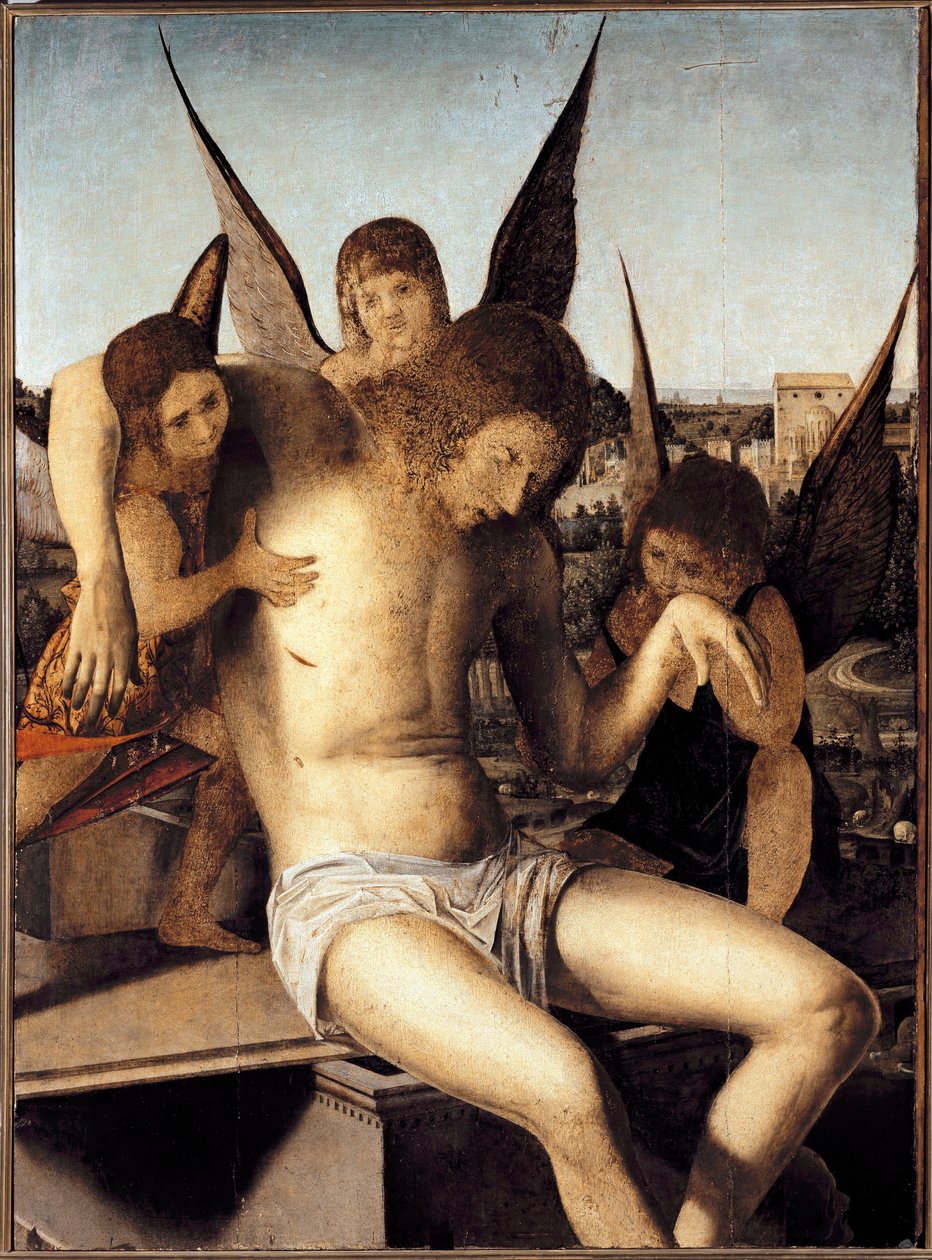 Pieta kolmen enkelin kanssa Kuollut Kristus kolmen enkelin tukemana haudallaan Antonello di Antonion maalaus Antonello da Messina (1430-1479) 1475 Halkaisija 145* 85 cm Venetsian Museo Correr tekijältä Antonello da Messina