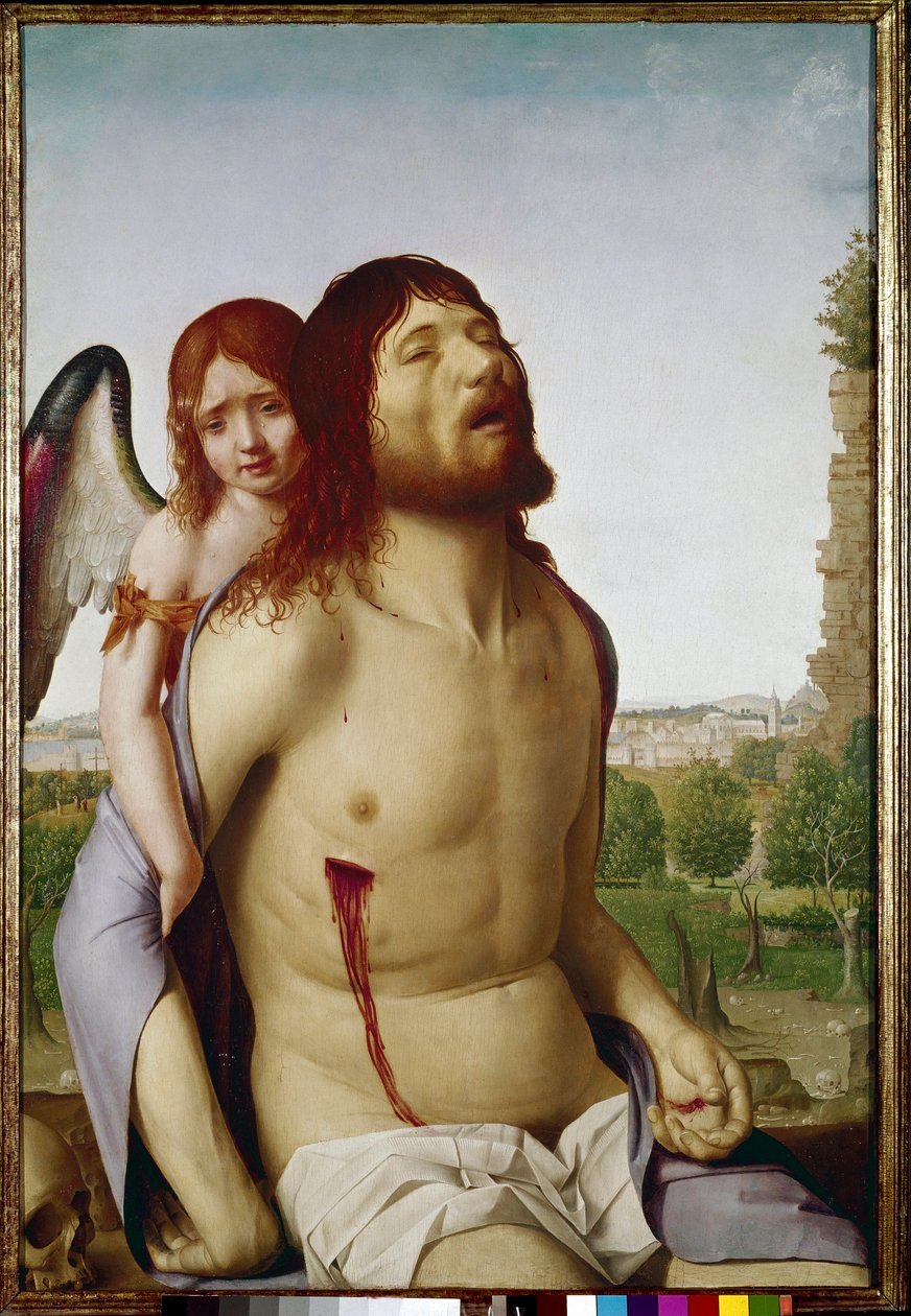 Kuollut Kristus enkelin tukemana. (öljy paneelissa tekijältä Antonello da Messina