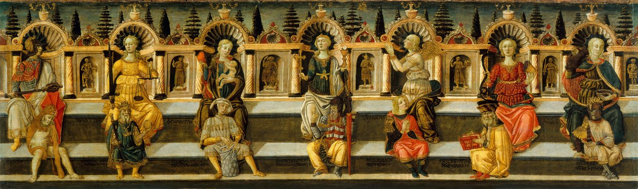 Seitsemän hyvettä - Antonfrancescon (Anton Francesco) Guidin teos, nimeltään Scheggia (1441-1476), tempera puulla (49,8x159,3 cm), noin 1467-1469 - Seitsemän hyvettä, Antonfrancescon (Anton Francescon) tempera paneelissa Guidi nimeltä Scheggia, noin 1467-1 tekijältä Antonfrancesco dello Scheggia