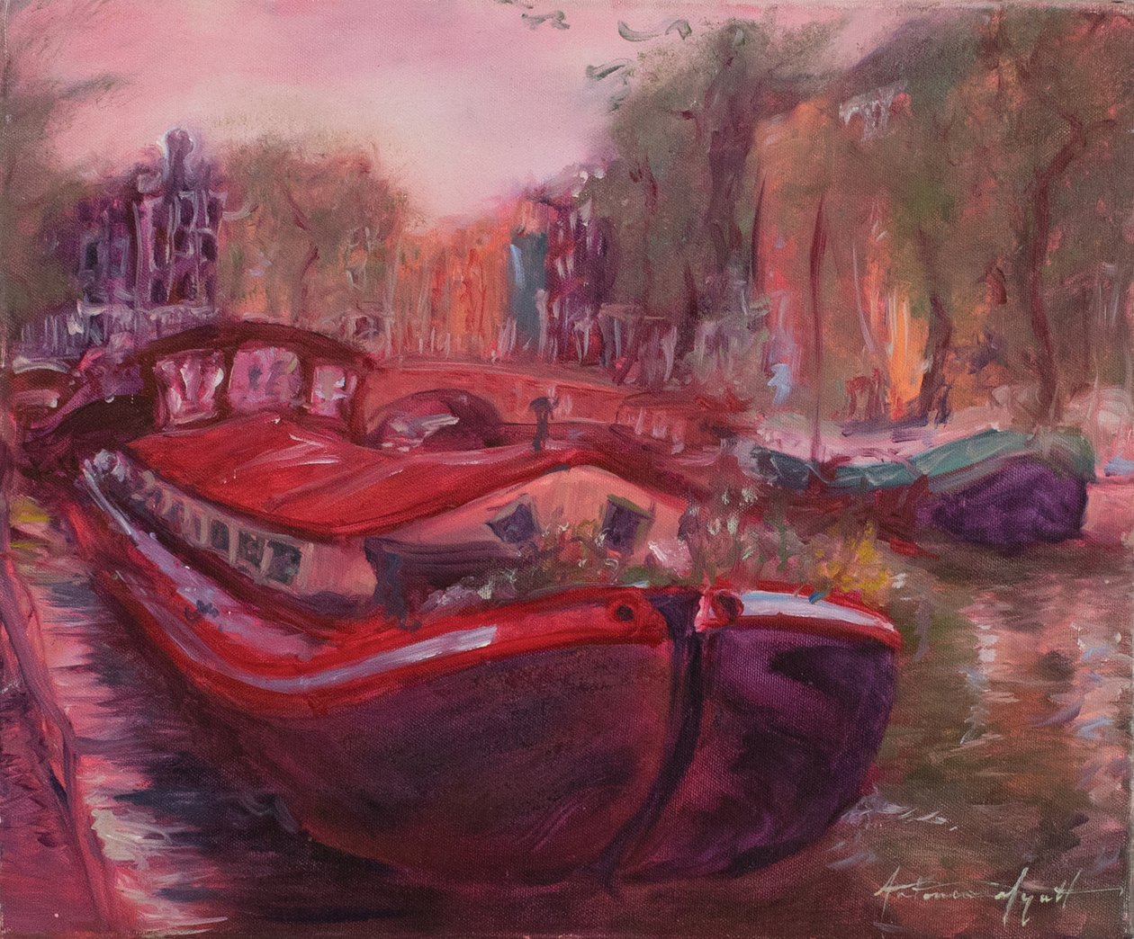 Amsterdamin proomu, n. 2006 (öljy kankaalle) tekijältä Antonia Myatt