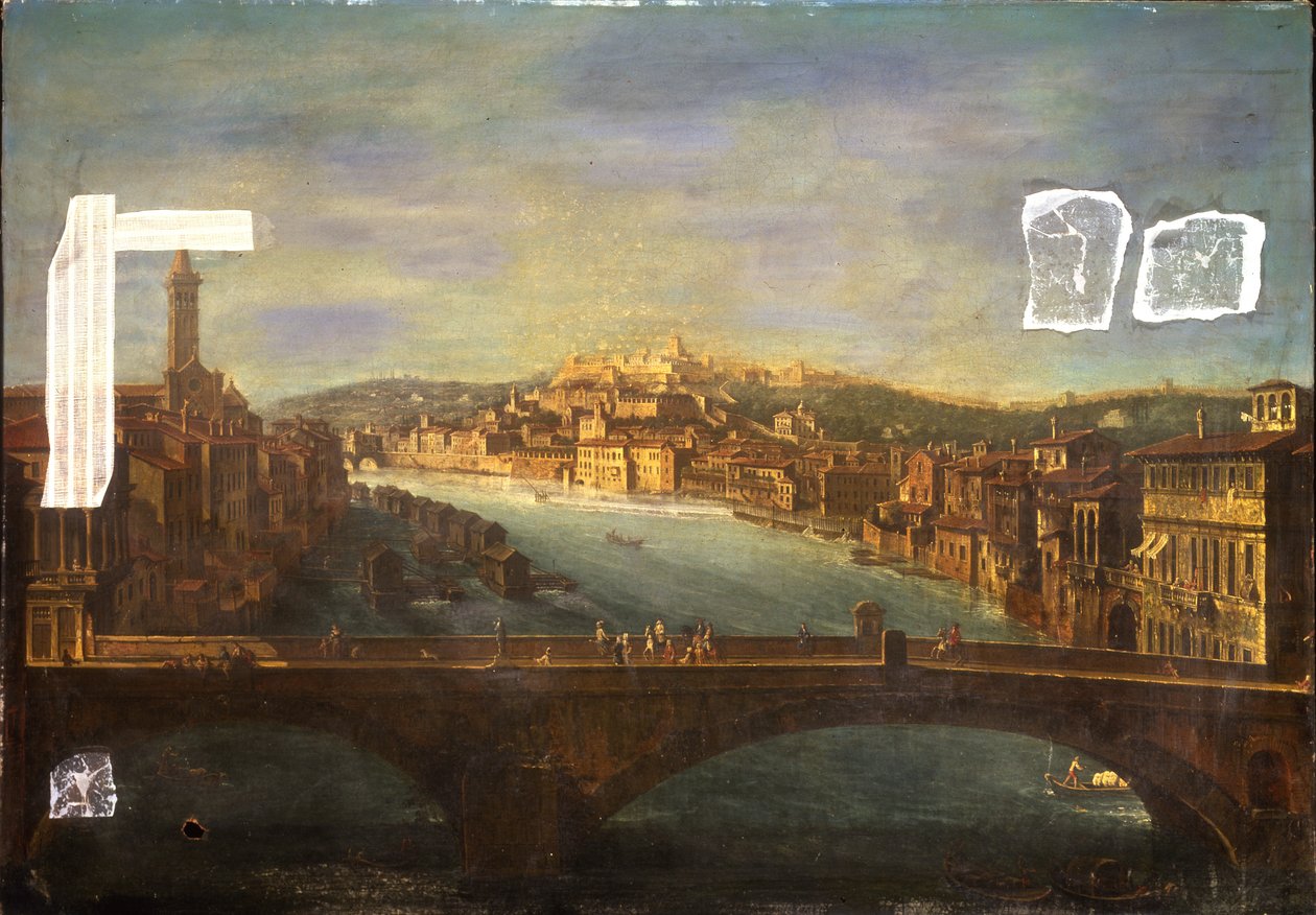 Näkymä Veronaan, jossa on S. Anastasian kirkko, Castel San Pietro, Castel San Felice ja Ponte Nuovo Adige-joen yli, 1735 tekijältä Antonio de dipi Joli