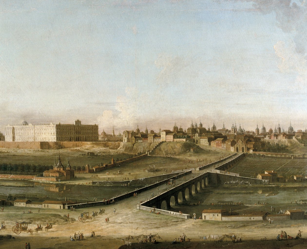 Näkymä Madridin kaupunkiin ja kuninkaalliseen palatsiin n. 1750 Manzanares-joen oikealta rannalta, yksityiskohta (öljy kankaalle) tekijältä Antonia de dipi Joli