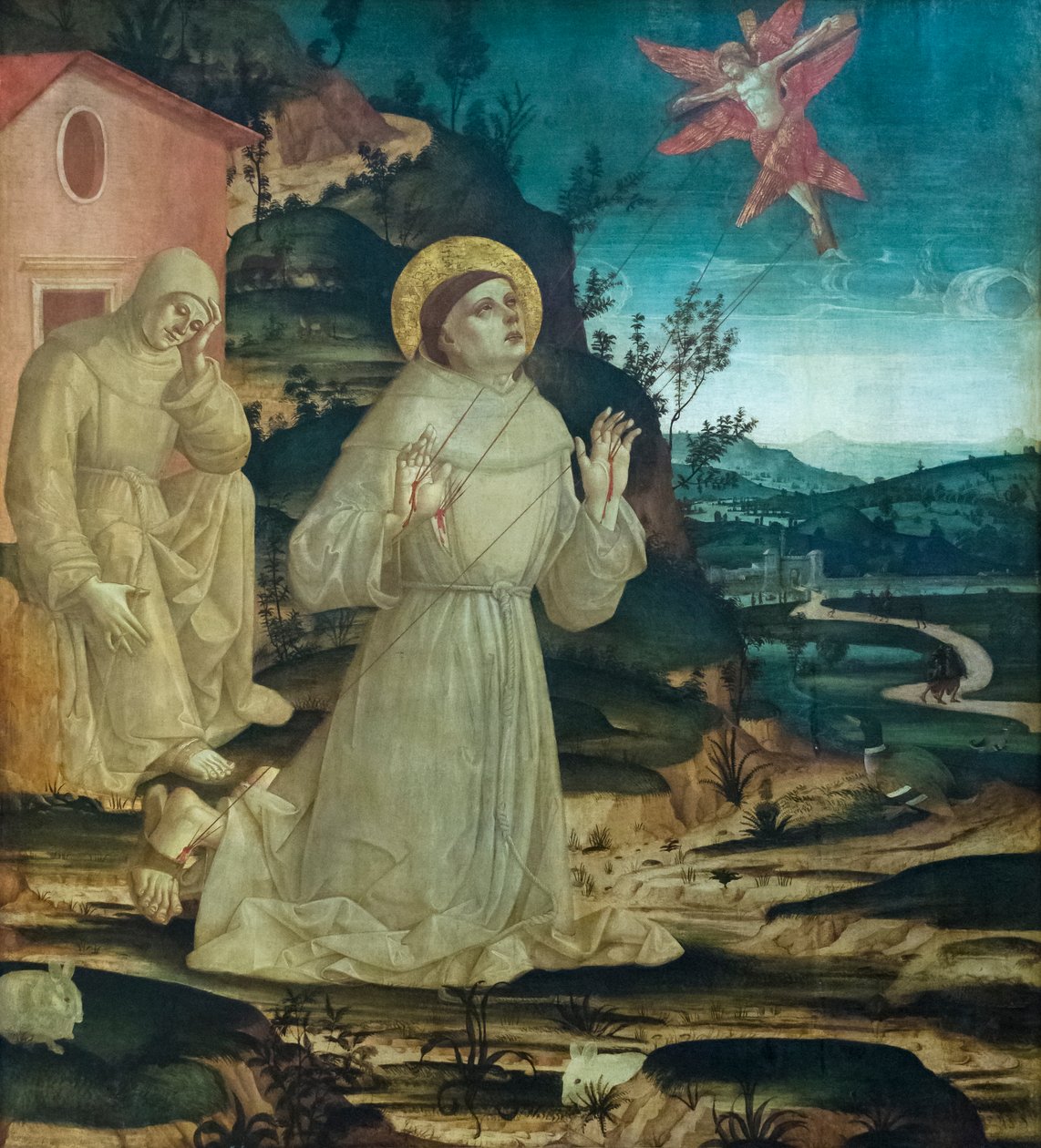 Pyhä Franciscus Assisilainen vastaanottamassa stigmat (tempera puulevyllä) tekijältä Antoniazzo (workshop of) Romano
