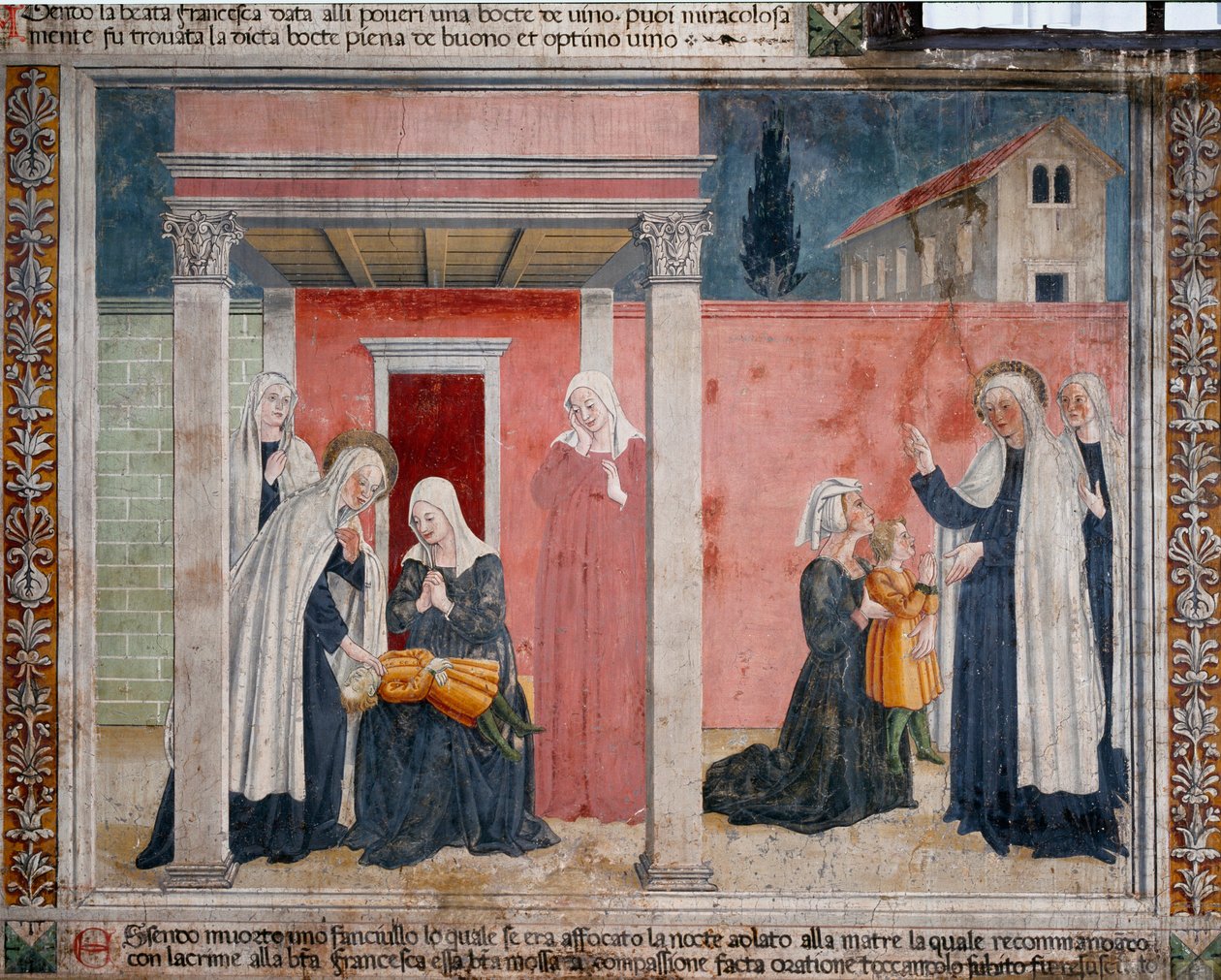 Pyhän Francoise Romainen (santa Francesca romana) (1384-1440) elämä: "" pyhimys herättää kastamattoman lapsen, jonka äiti oli vahingossa tukehtunut unissaan"" Antoniazzo Romanon fresko (1400-luku) 1468 Rooma, yhteisön luostari Oblate d tekijältä Antoniazzo Romano