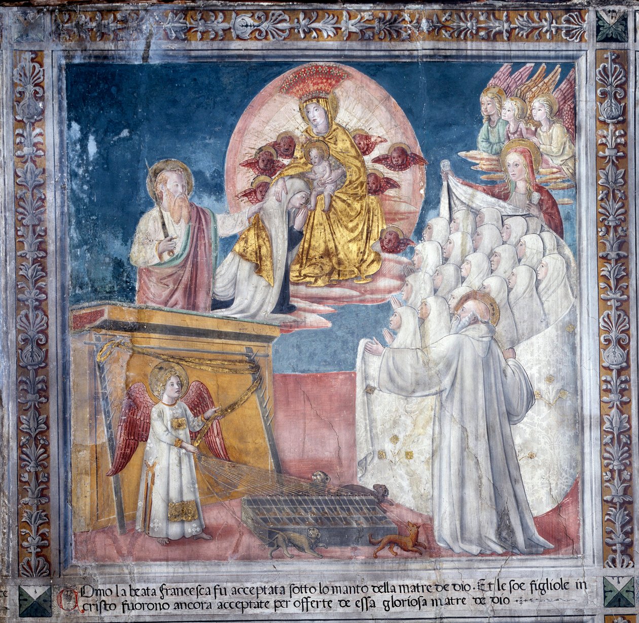 Pyhän Francesca Romanan elämä: 1. maaliskuuta 1433 Jumalanäiti ottaa näyssä Francescan vaipan alle (Fresko tekijältä Antoniazzo Romano