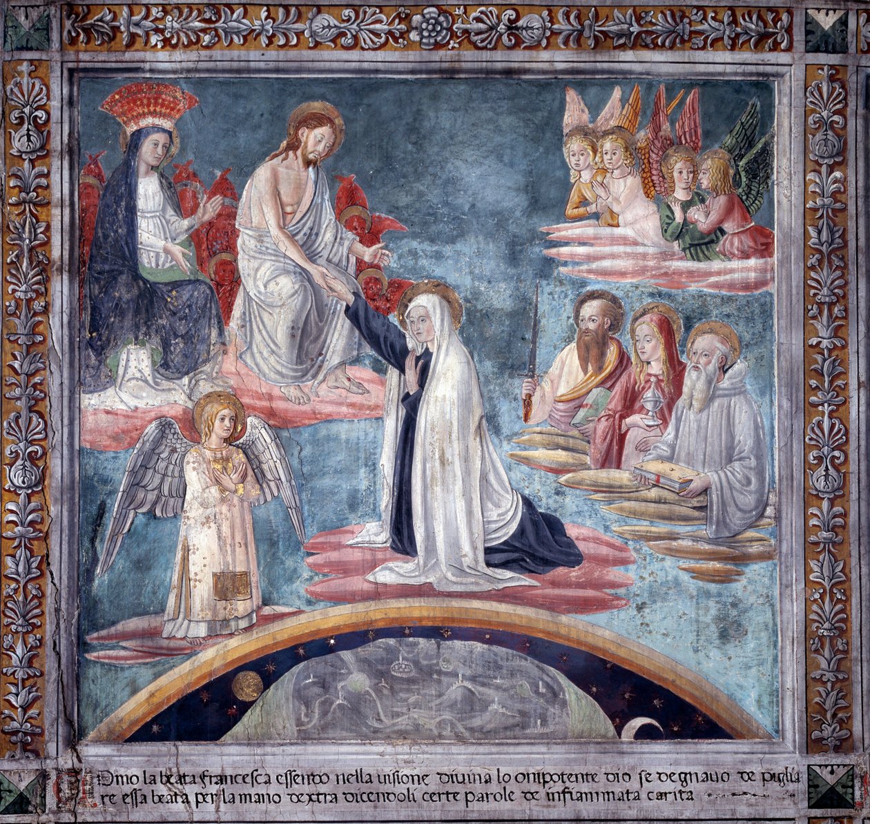Pyhän Francesca Romanan elämä: Ekstaasin aikana jumalallinen Lunastaja ottaa Francescan oikeasta kädestä (Fresco tekijältä Antoniazzo Romano