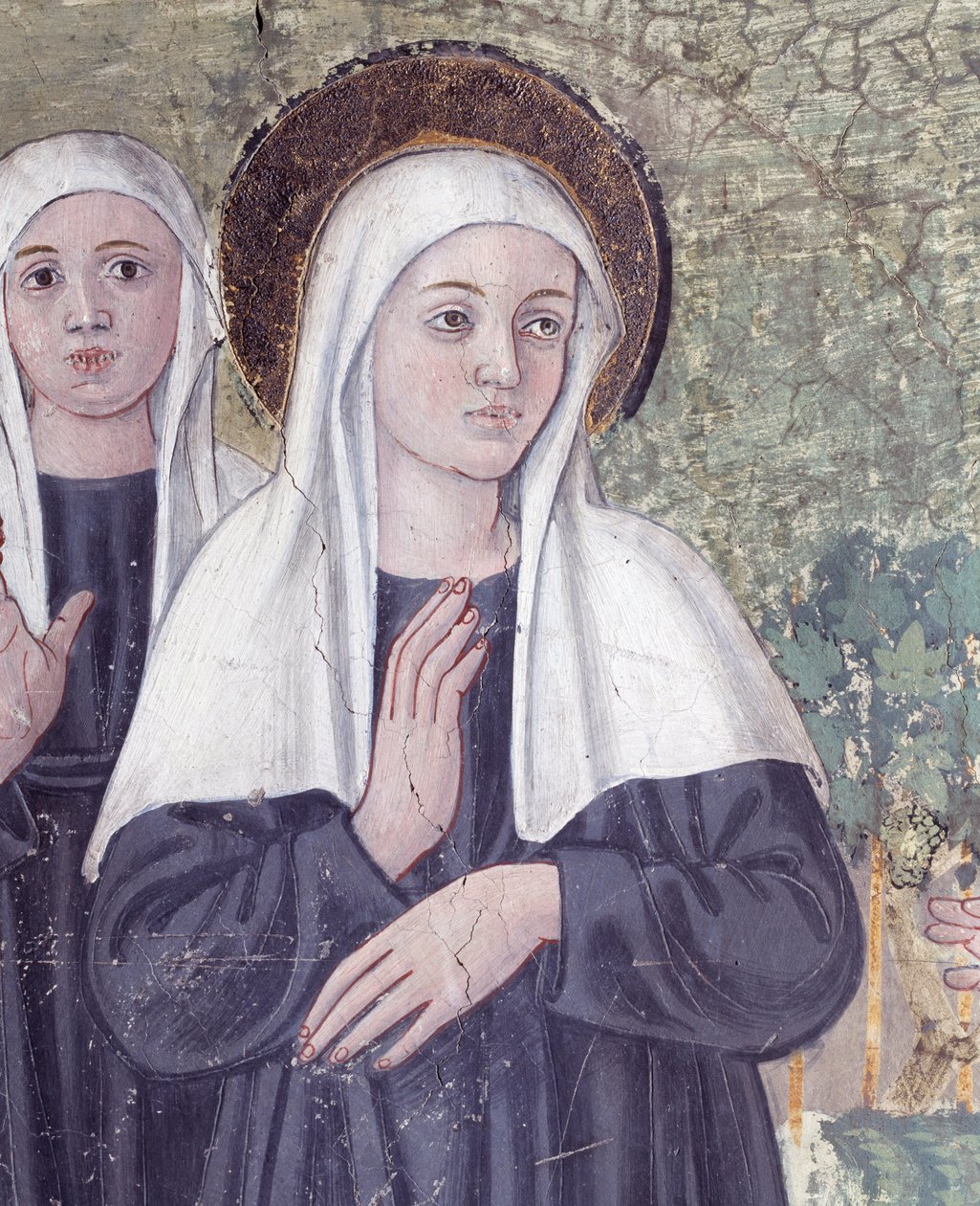 Pyhän Francesca Romanan elämä: Palattuaan Paavalin kirkosta pyhimys joutui hurmioon puroon, mutta nousi ylös täydellisen kuivana, yksityiskohta (Fresko tekijältä Antoniazzo Romano