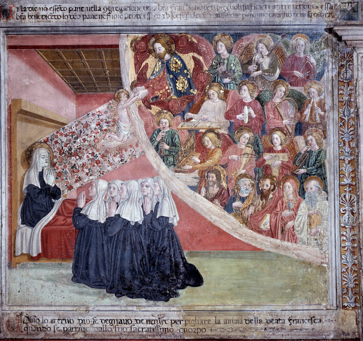 Pyhän Francesca Romanan elämä: Pyhän kuolema vesperin sanottua, 9. maaliskuuta 1440 (Fresko tekijältä Antoniazzo Romano