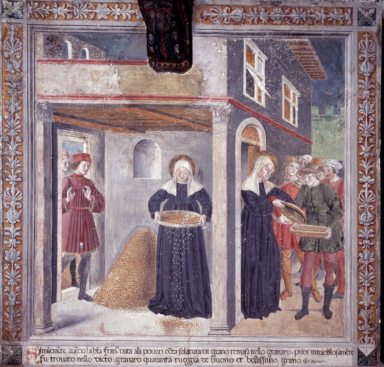 Pyhän Francesca Romanan elämä: vakavan nälänhädän aikana vuonna 1402 Francesca antaa kaiken viljansa köyhille (Fresco tekijältä Antoniazzo Romano
