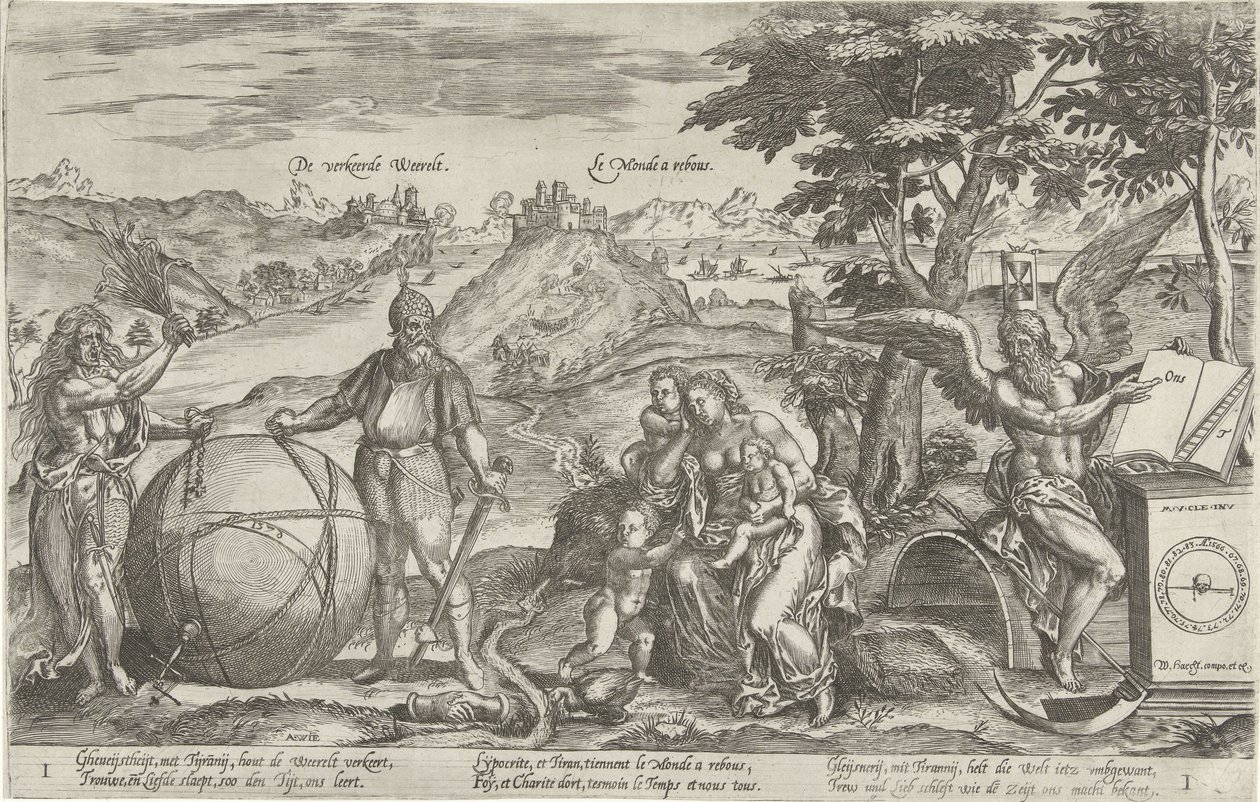 Väärä maailma, 1579 Väärä Weerelt / Le Monde a rebous (otsikko esineessä) Allegoriat Alankomaiden poliittisesta tilanteesta vuosina 1576-1579 (sarjan nimi) tekijältä Antonie Wierix (II)