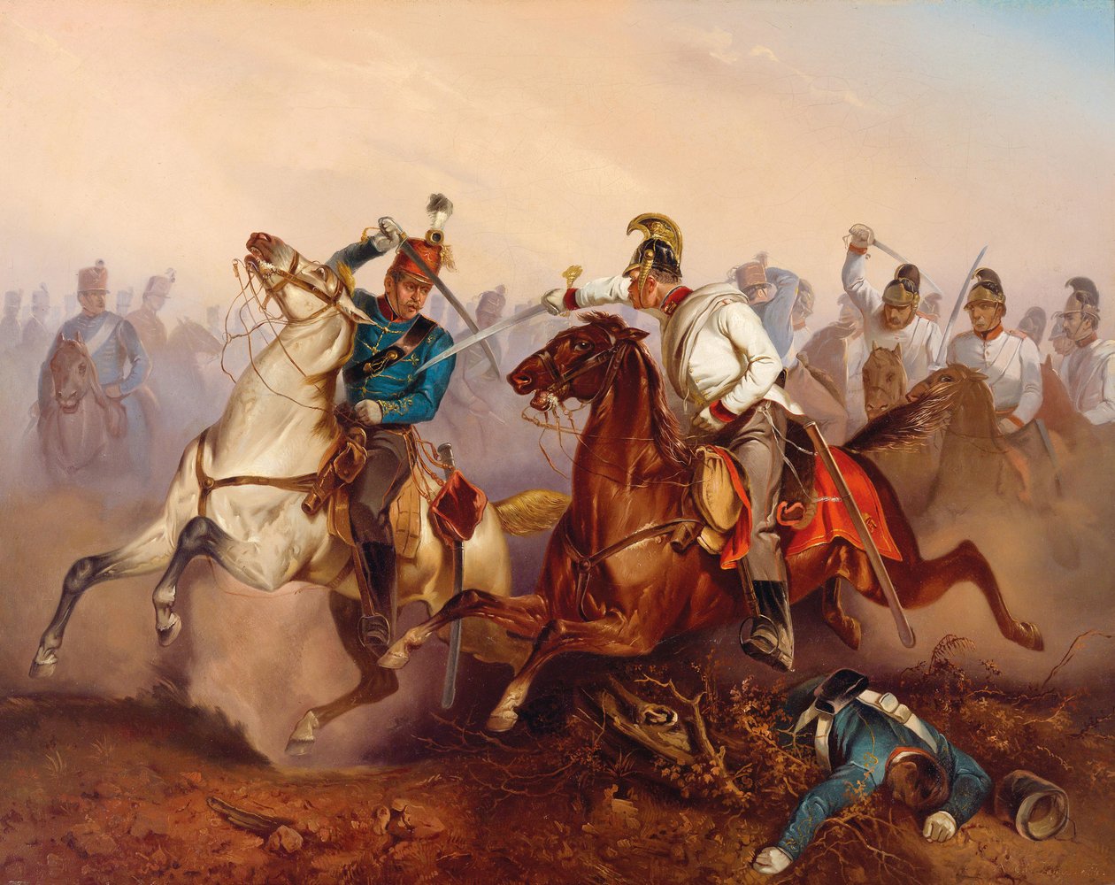Taistelu keisarillisten Itävallan lohikuunien ja Unkarin Honvéd-husaarien välillä ….Unkari 1849, 1854. tekijältä Antonin Zimmer