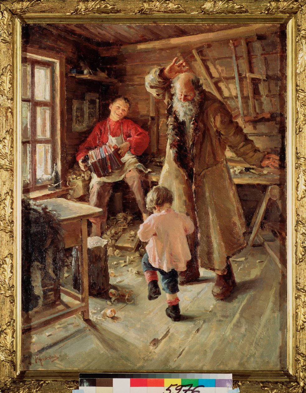 Iloinen hetki (Puvespajassa poika soittaa harmonikkaa saadakseen pienen tytön ja vanhan miehen tanssimaan) - Iloinen hetki - Antonina Leonardovna Rževskajan (1861-1934) maalaus, öljy kankaalle tekijältä Antonina Leonardov Rzhevskaya