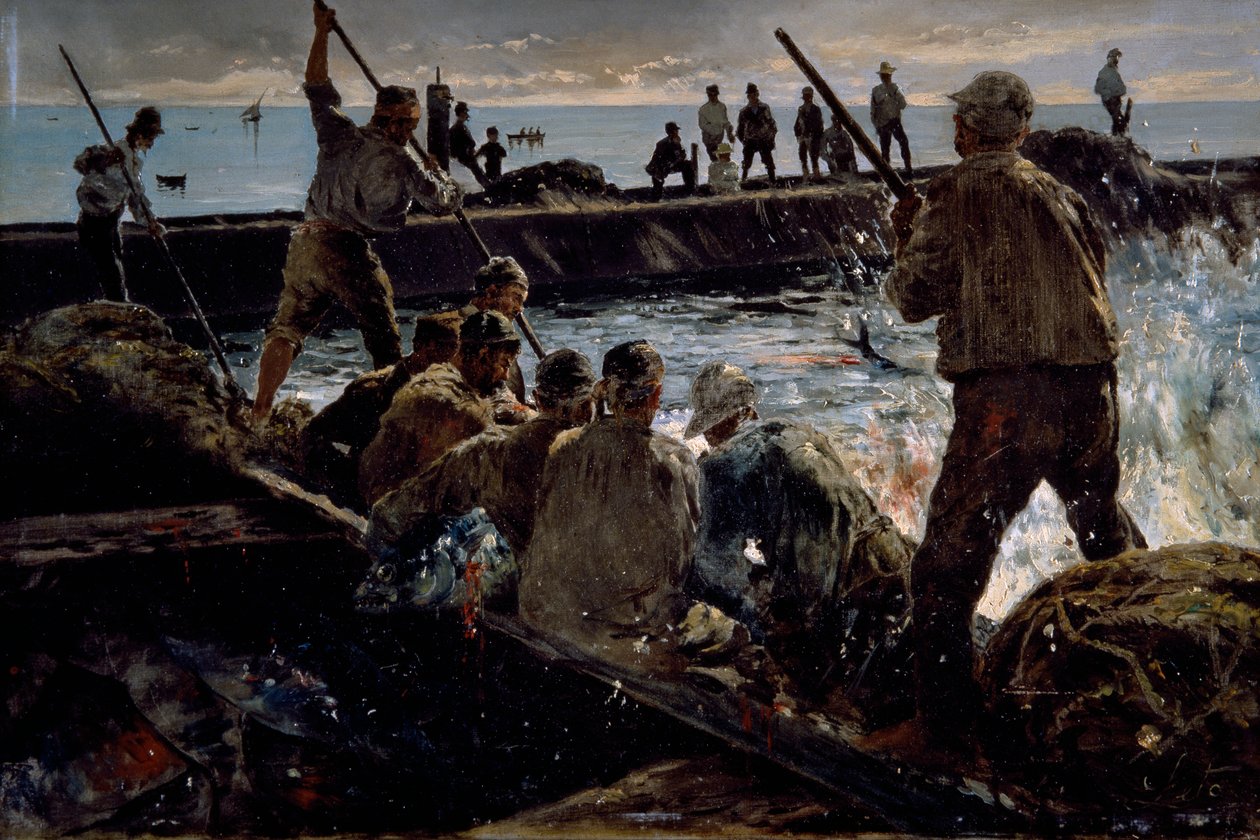 Tonnikalan teurastus, Antonino Leton (1844-1913) maalaus, öljy kankaalle, 41x62 cm tekijältä Antonino Leto