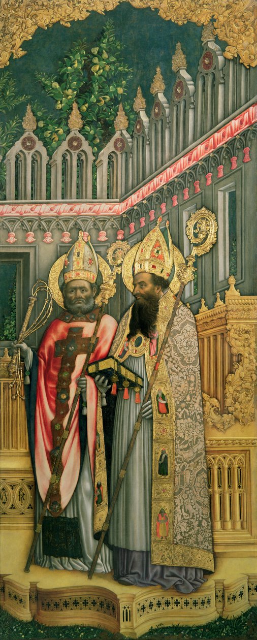 Pyhä Ambrosius ja pyhä Augustinus, oikeanpuoleinen paneeli teoksesta Neitsyt ja pyhimykset Hieronymus, Gregorius, Ambrosius ja Augustinus, 1446 (restauroinnin jälkeen) (ks. 160893-99). tekijältä Antonio Vivarini