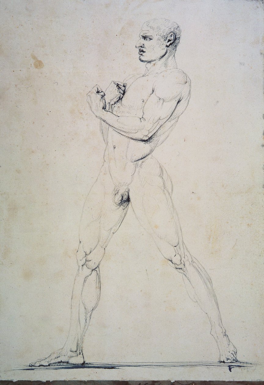 Miehinen alastonkuva, Damoxenos Syrakusasta, Pausaniaksen kuvaus Nemean kisoista kirjassaan Kreikan matka (2. vuosisadalla eKr.), 1794 (kynä ja muste) tekijältä Antonio Canova