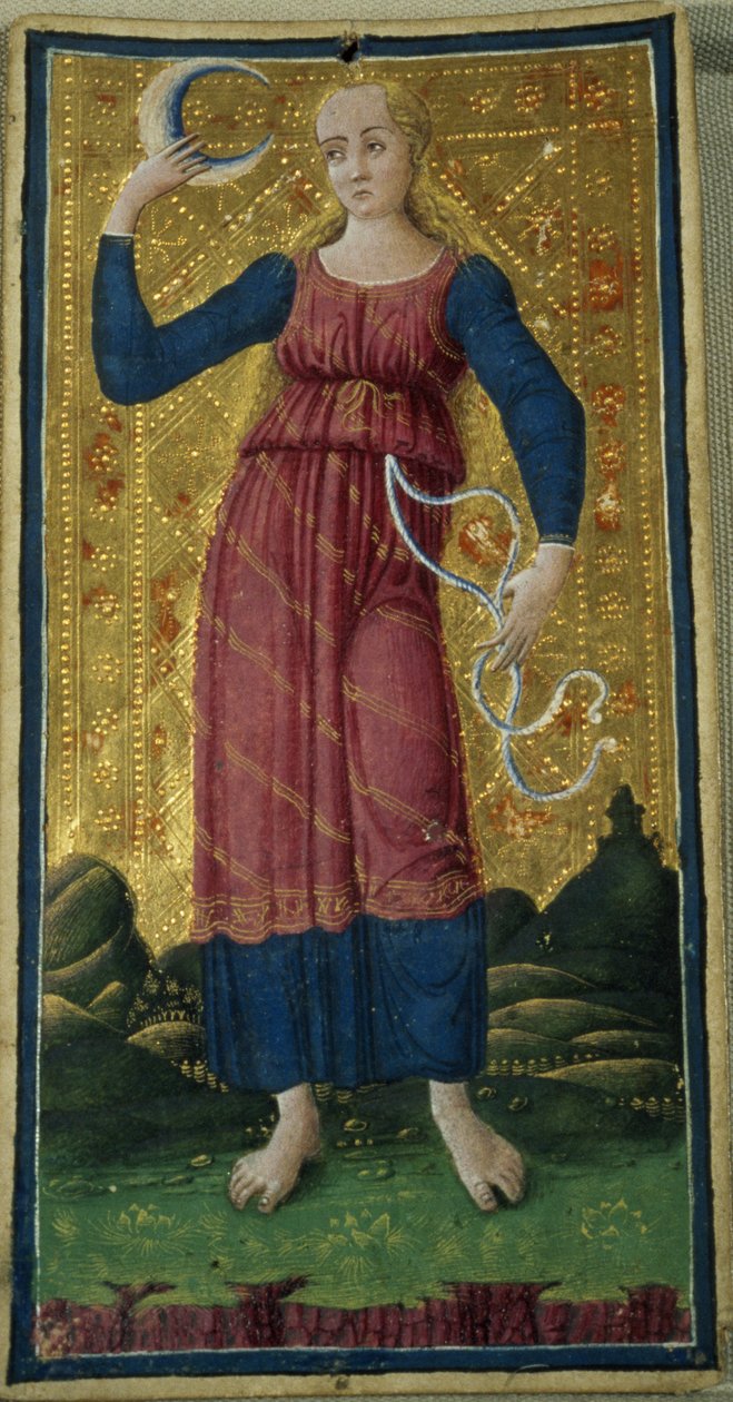 Kuu, tarot-kortti, n. 1490, (guassi ja kullattu kortissa) tekijältä Antonio Cicognara