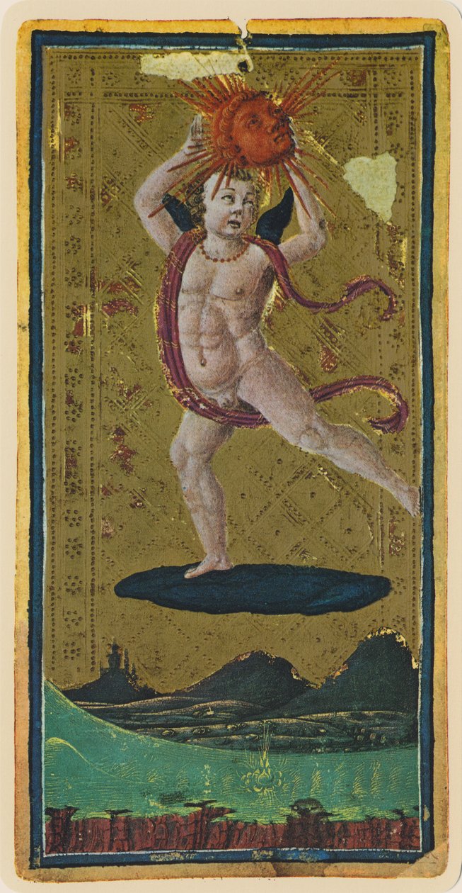 Aurinko, faksimile Tarot-kortista "Visconti"-pakasta, 1441-47 tekijältä Antonio Cicognara