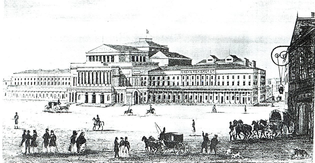 Näkymä Varsovan suuresta teatterista, kaiverrus Adam Pilinski (1810-87) tekijältä Antonio Corazzi
