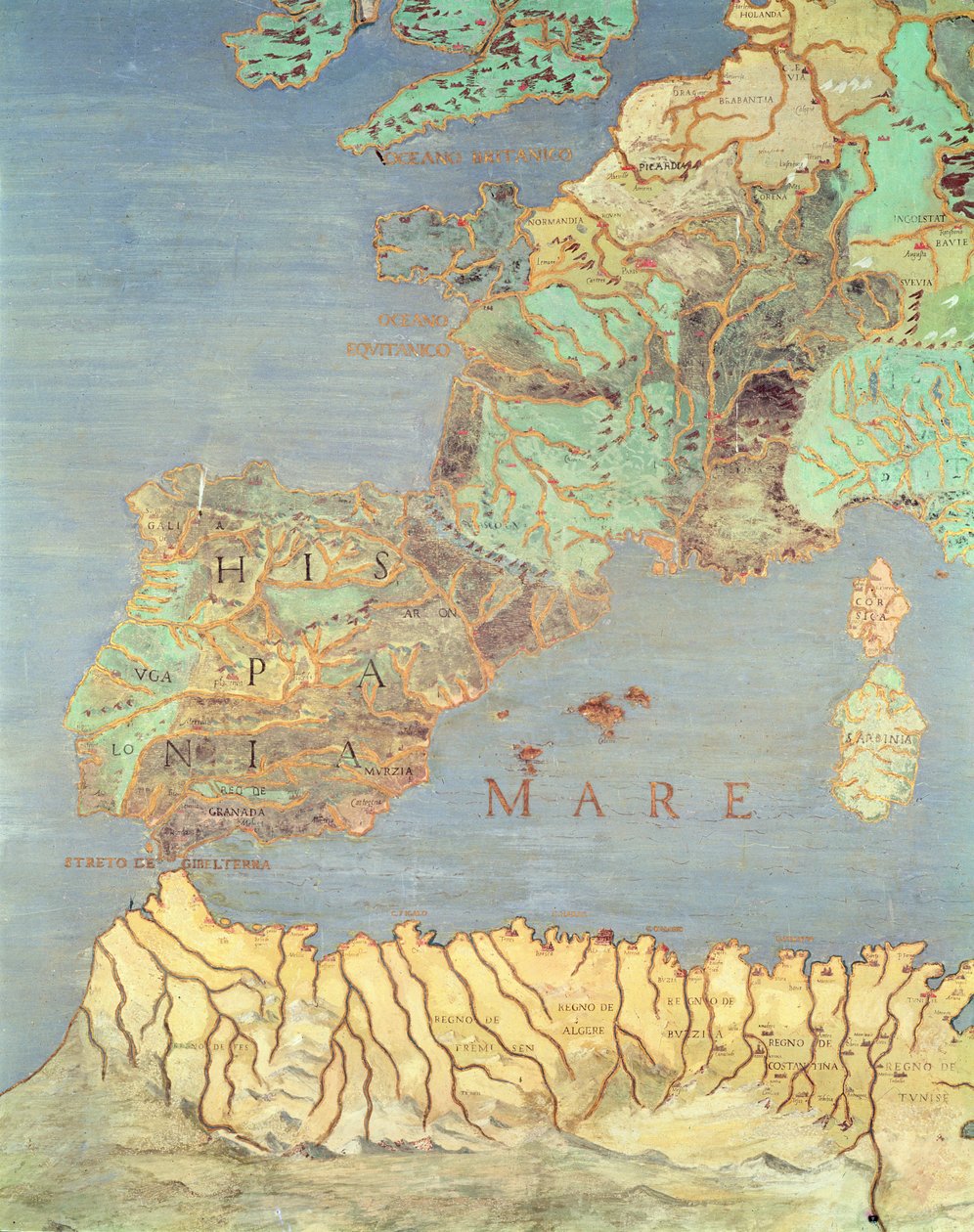 Ranskan, Espanjan ja Luoteis-Afrikan kartta "Sala Del Mappamondosta" (Maailman karttojen hallista) tekijältä Antonio Giovanni de Varese