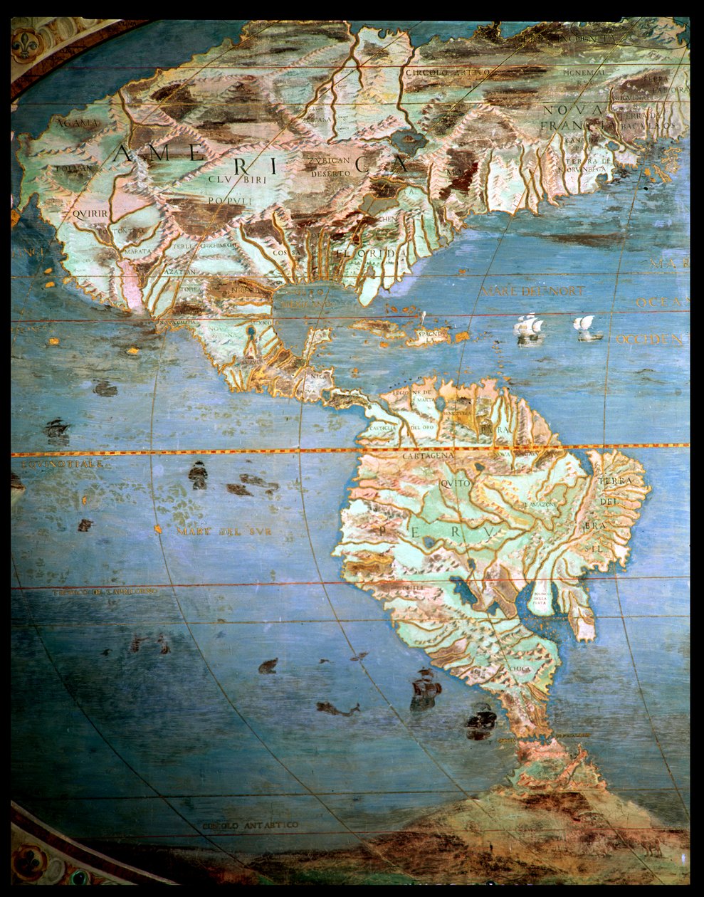 Pohjois- ja Etelä-Amerikan kartta, "Sala Del Mappamondosta" (Hall of the World Maps, n. 1574-75) tekijältä Antonio Giovanni de Varese