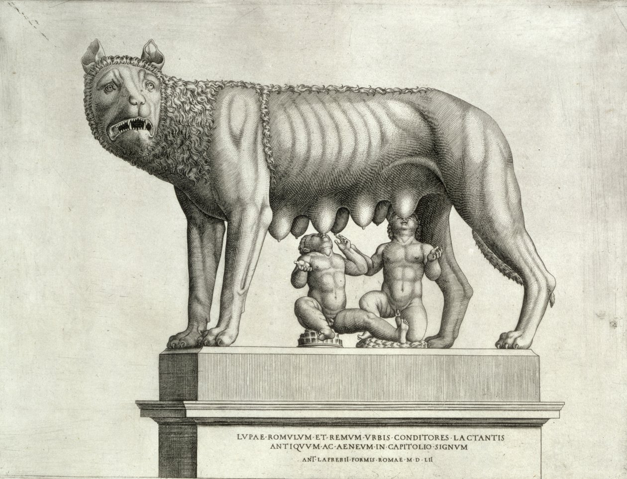 Piirros etruskien pronssista naarassudesta, joka imee Romulus ja Remus, 5. vuosisadalla eKr., Capitoline-museossa, 1552 tekijältä Antonio Lafreri
