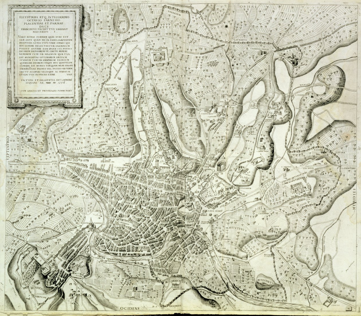 Taiteilijan kaivertama Rooman kaupungin kartta, 1557 tekijältä Antonio Lafreri