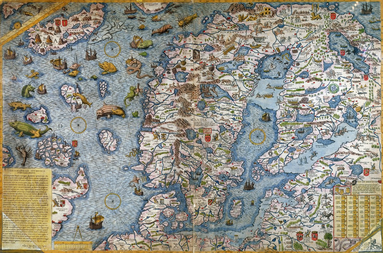 Skandinavia, yksityiskohta Carta Marina da Olaus Magnusista, 1572 tekijältä Antonio Lafreri