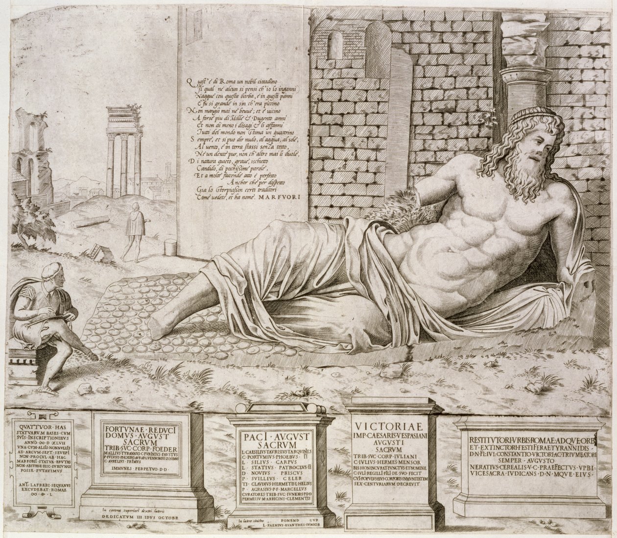 Taiteilijan kaivertama "puhuva" Marforion patsas Roomassa, 1550 tekijältä Antonio Lafreri